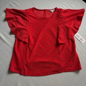 NWT Nanette Lepore Red Eyelet Flutter Sleeve Blouse Women’s Size 8